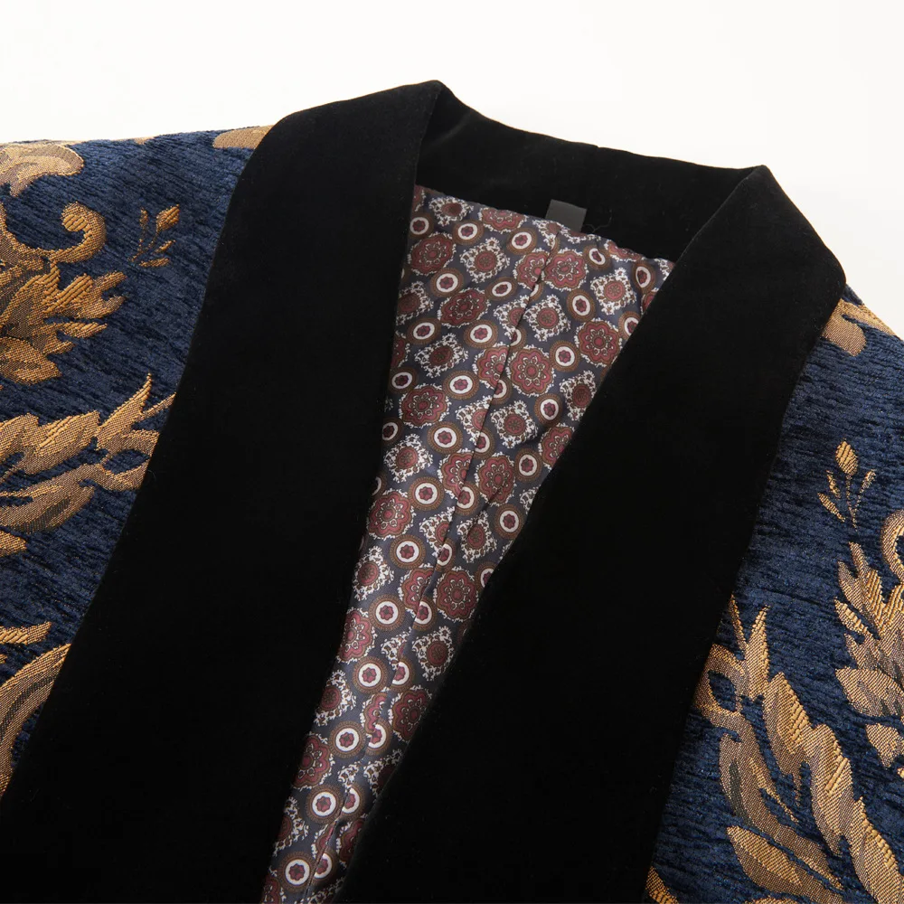 Men's Luxury Gold Floral Jacquard Velvet Suit Jacket Shawl Collar Wedding Party Stage Costumes Black Fashion Banquet Male Blazer