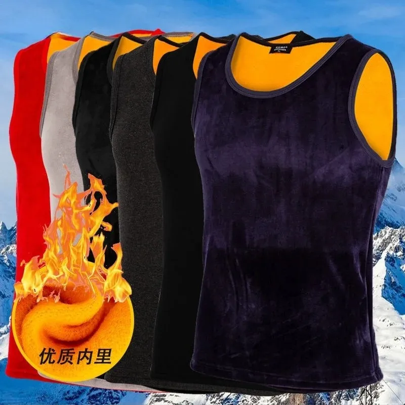 

Men's Autumn And Winter Versatile Two-layer Thermal Underwear Top Sleeveless Plush Thickened Thermal Vest Invisible Thermal Vest