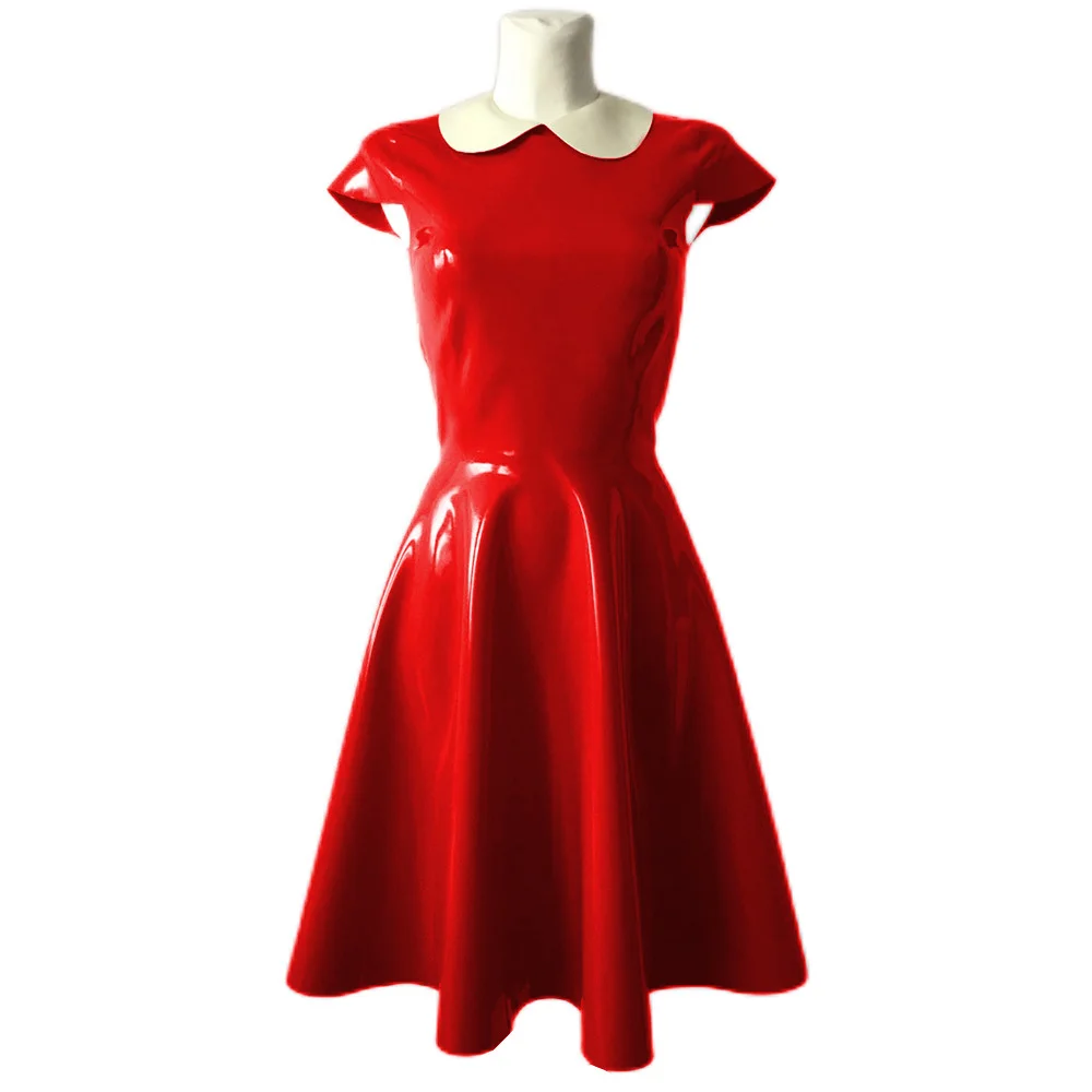 Women's Shiny Pvc Peter Pan Collar Short Sleeve Party Swing Dress