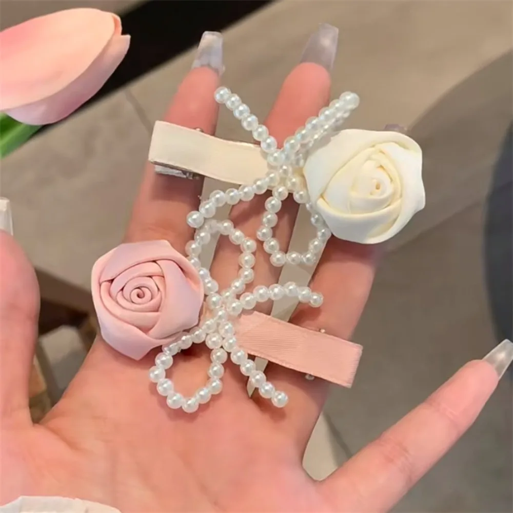 

Cute Delicate Niche Design Side Clip Pearl Rose Flower Resin Korean Style Duckbill Clip Flower Bow Hair Clip Bangs Side Clip