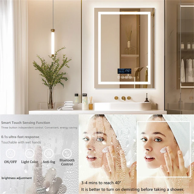 Smart LED Bathroom Mirror Rectangle Wall Mount Mirror w Bluetooth Speaker,Time,Temperature,Light Memory,Front & Backlit,Anti-Fog 5