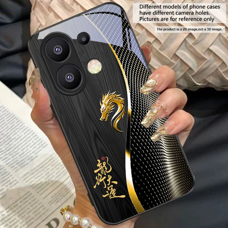 Elegant Black Tempered Glass Phone Case with Traditional Dragon Totem Design
