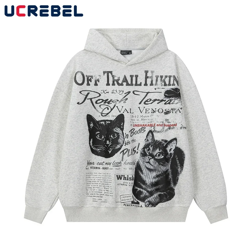 Cat Print Kapuzen pullover Herren High Street Herbst Loose Drop Schulter Langarm Hoodies Männer
