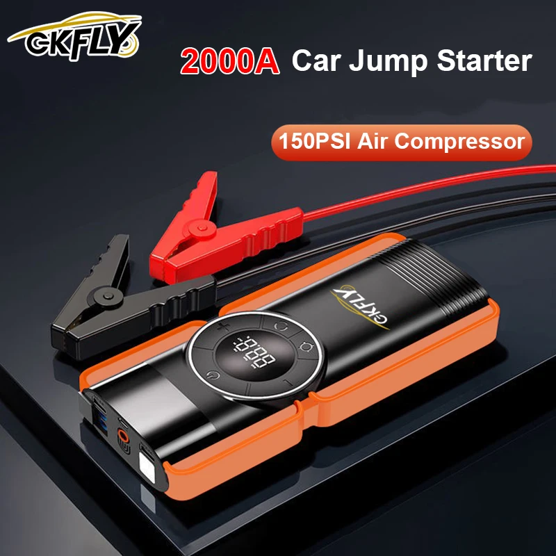 GKFLY 16000mAh Car Jump Starter 2000A Portable Power Bank with Air Compressor Car Battery Booster Buster
