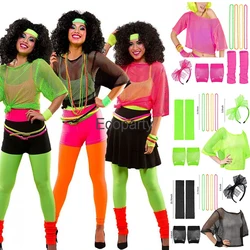 New 1980s Prom Costume Retro Women Retro Neon Mesh T-Shirt Gloves Headband Necklace Set Fancy 80s Party Dress Up Accessories