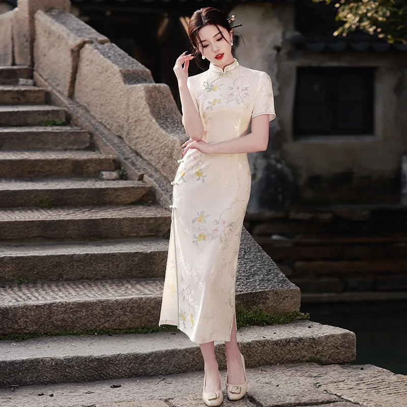 

Yourqipao Summer Beautiful Elegant Fashion Long Cheongsam Jacquard Chinese Style Evening Wedding Qipao Dress for Women Party