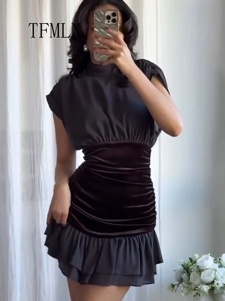 Elegant Women Velvet Patchwork Layered Decorated Midi Dress 2026 Spring Sweet Girls Sleeveless Slim Causal Pleated Dresses