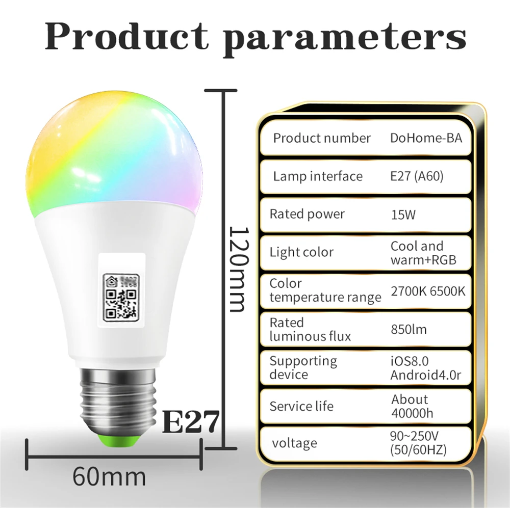Xiaomi APP Control WIFI Smart LED Light Bulb Apple Homekit E27 15W LED Lamp 100-240V / DC12V Apple Siri Voice Control