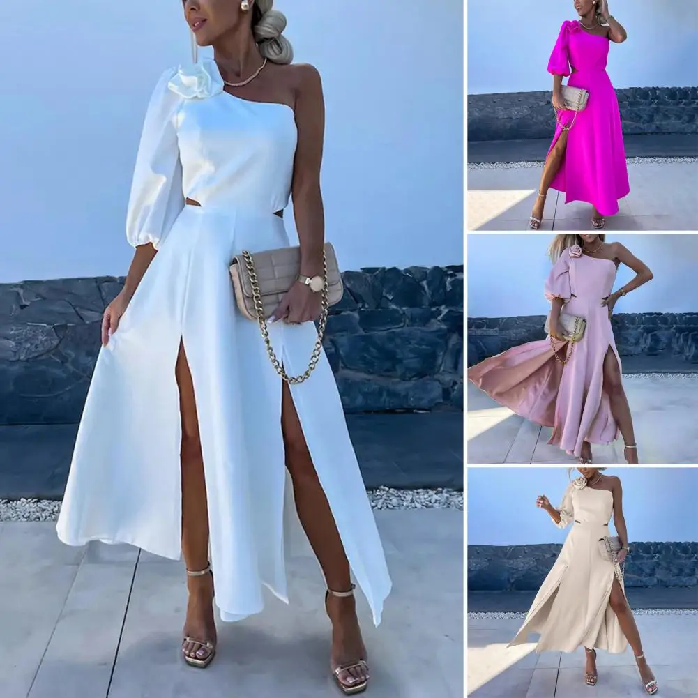 

Formal Satin Evening Gown Elegant One Shoulder Maxi Dress with Rose Decor Backless Design High Waist for Prom or Evening Party