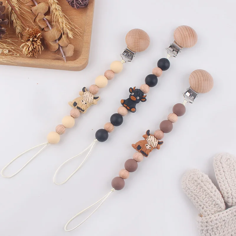 Baby Pacifier Clips Holder Silicone Cartoon Animal Teething Chain Wood Teether For Baby Pacifier Chain Nursing Chew Toys Gift