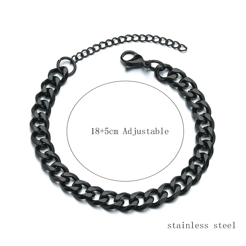 Black Stainless Steel Cuban Chain Link Bracelet for Men