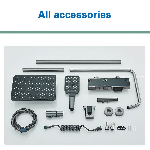 ชุดก๊อกน้ำฝักบัวห้องน้ำสีเทาจอแสดงผลดิจิตอลอัจฉริยะสไตล์เปียโนระบบฝนตกก๊อกผสมพร้อมบิเดต์/ฝักบัวมือ 5