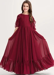 Flower Girl Dresses A-line Scoop Floor-Length Chiffon Junior Bridesmaid Dress With Cascading Ruffles First Communion Dress
