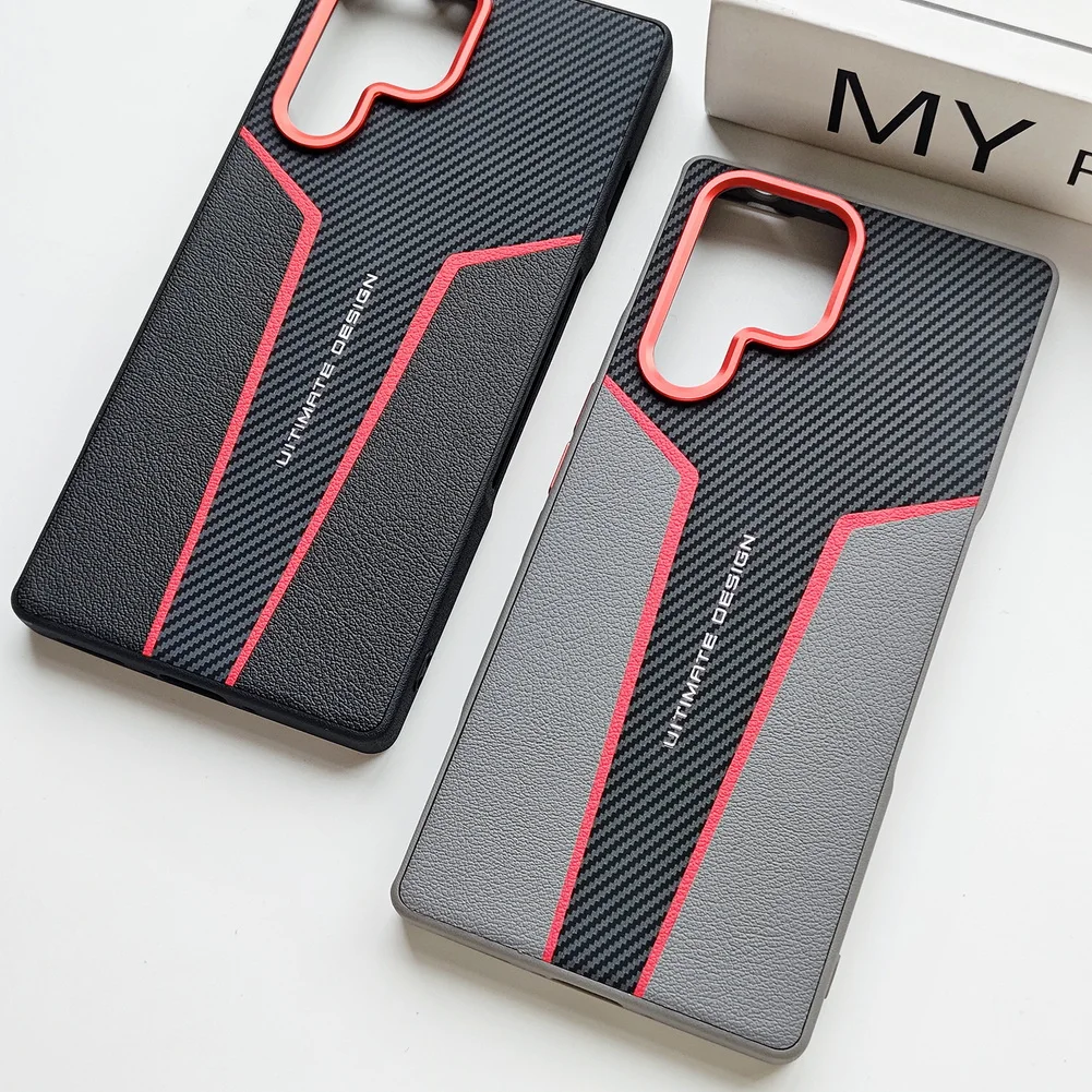 Enhanced Red Spliced Carbon Fiber Leather Phone Case with Camera Protection