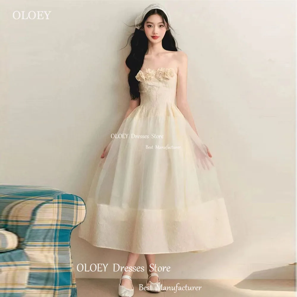 

OLOEY Pastrol Beige Chiffon A Line 3D Flower Evening Gown Dress Embroidery Strapless Ankle Length Sleeveless Formal Prom Gowns