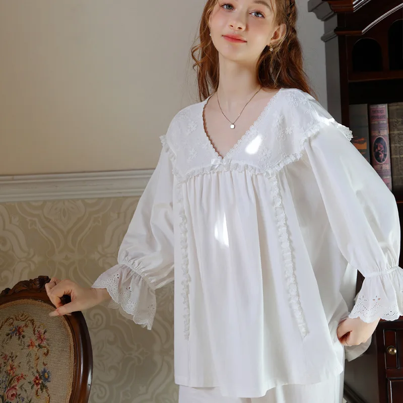Women Loose  V Neck Pajama Sets Princess Sweet Sleepwear Pajamas Home Clothes Spring Autumn Vintage Sleep Tops Bottoms Pants