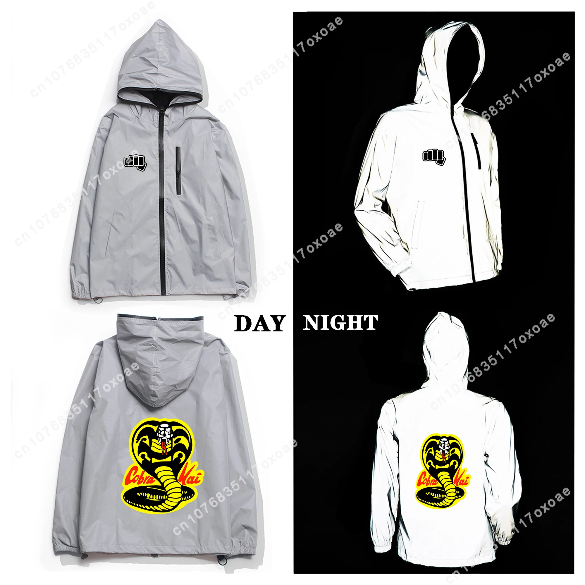 Cobra Kai Reflective Jacket Mens Womens Coat Hooded Windbreaker Pocket Jackets Fashion Anime Cartoon Manga Customization Hoodie