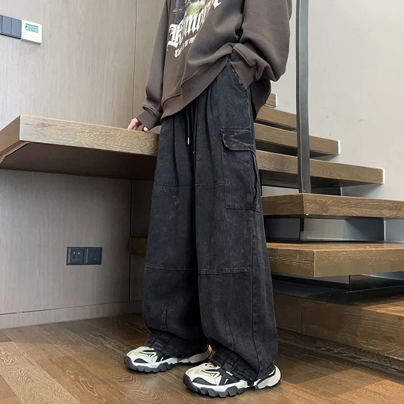 Men's Patchwork Cargo Jeans Oversized Wide Leg Trousers Men Muti-pockets Hip Hop Streetwear 90s Vintage Fashion Tooling Pants