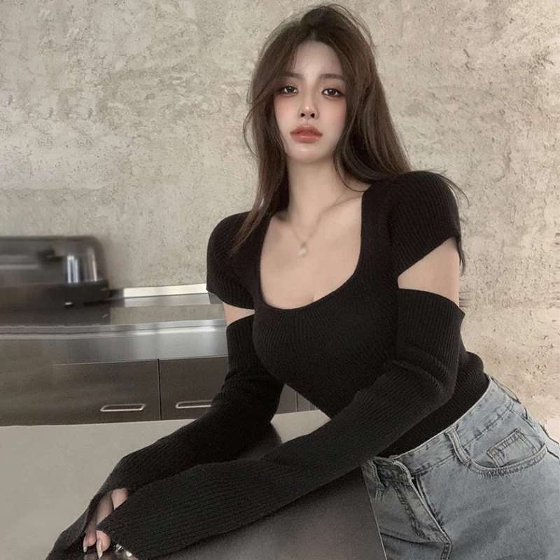 

Knitted Hipster Sweaters Retro Pullovers Women Sexy Girls Fashion Korean Style Solid All-match Soft Aesthetic Chic Clubwear