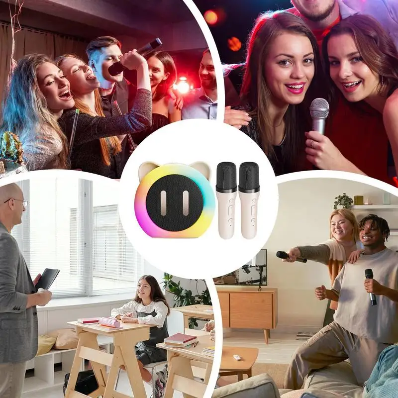 Wireless Karaoke Machine Portable Karaoke Speaker With Cute Ears RGB Lighting Wireless Speaker Microphone Set 2 Mics
