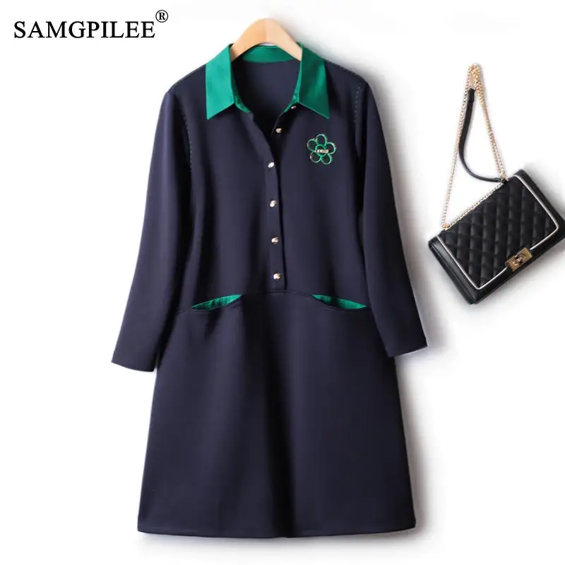 

Женское платье с отложным воротником, элегантное платье контрастных цветов с вышивкой, Осень-зима 2022