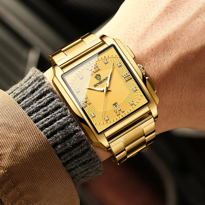 Relogio Masculino 2023 New Luxury Diamond Square Gold Watch Men Stainless Steel Waterproof Calendar Casual Business Wristwatches
