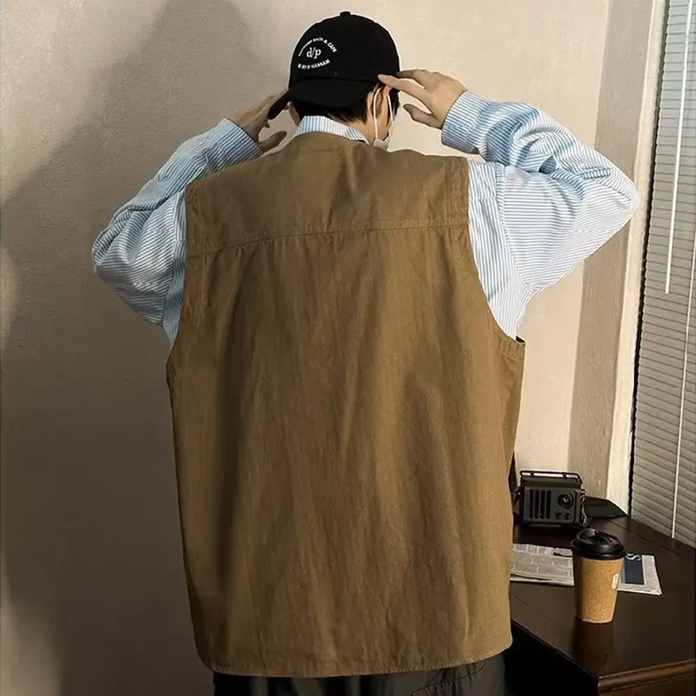 레트로 V-넥 슬리브리스 워크웨어 조끼 루즈핏 멀티포켓 조끼 민소매 자켓 여성용