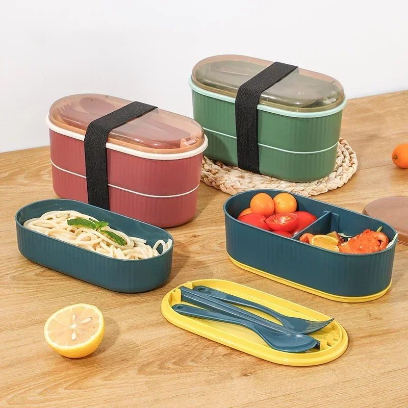 Double Layer Portable Lunch Box with Fork and Spoon Microwave Bento Boxes Dinnerware Set Food Storage Container