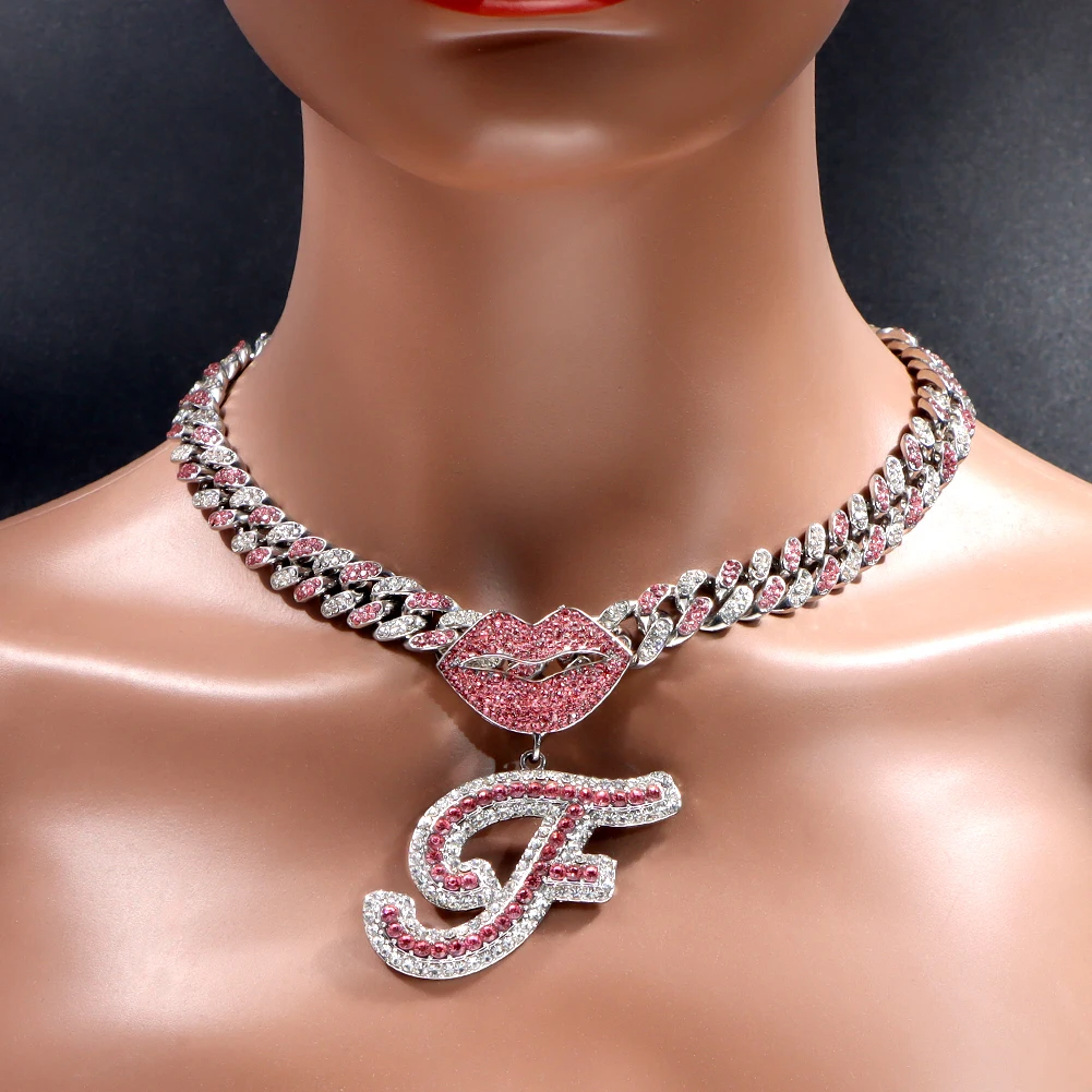 New Women Initial Name Pendant Necklace Sexy Mouth Letter Iced