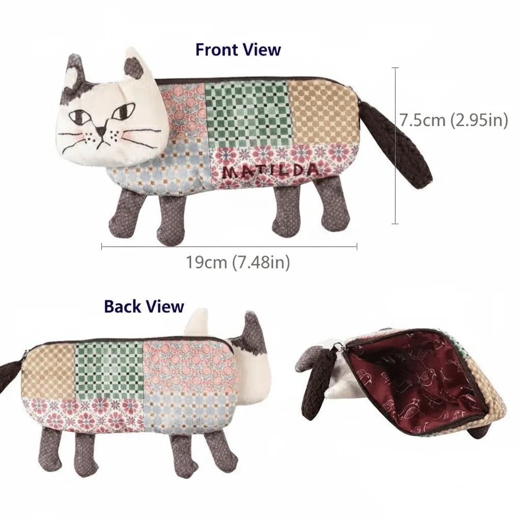 귀여운 고양이 얼굴 퀼트 펜 가방 부드러운 카와이 패브릭 연필 보관 케이스 메이크업 브러쉬 파우치 데스크탑 문구 화장품 정리함