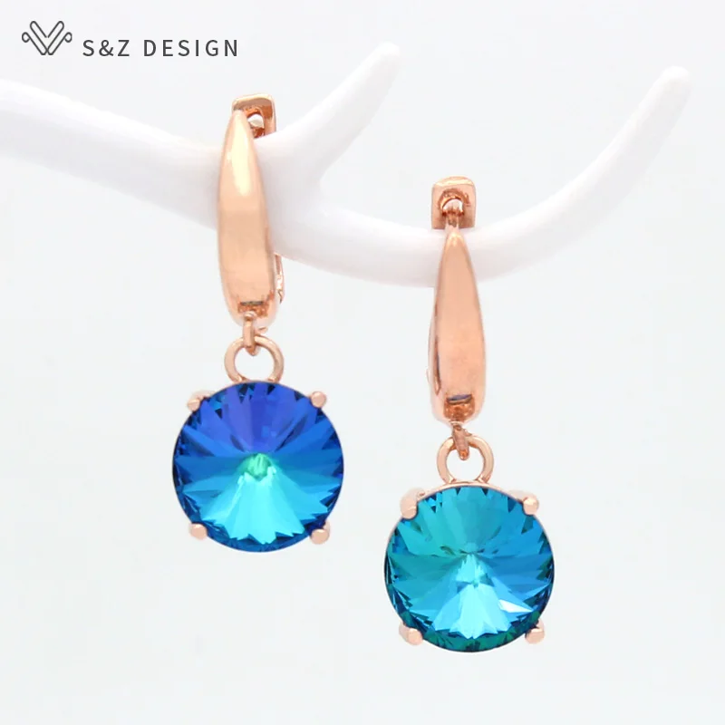 S&Z DESIGN New Colorful Round Large Crystal Dangle Earrings For Women Wedding Jewelry Fashion 585 Rose Gold Color Eardrop Gift