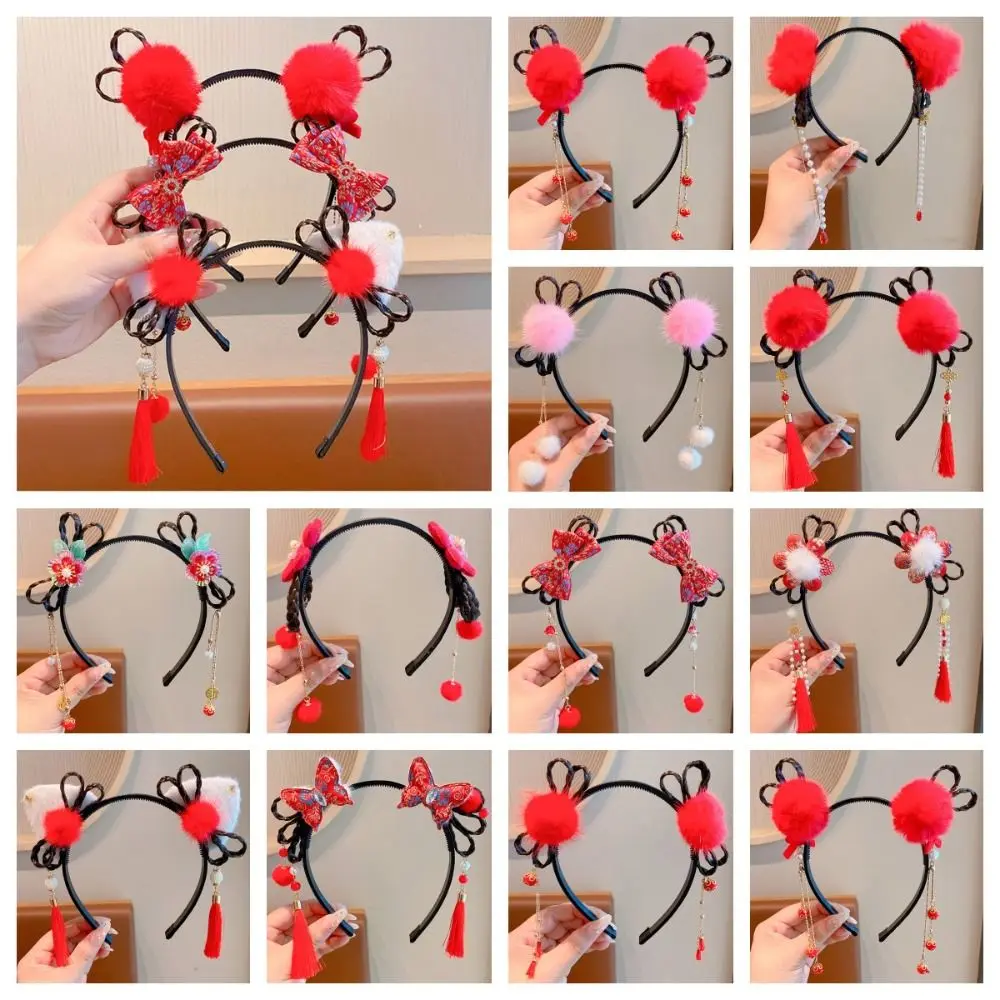 

Flower Children Wig Headband Sweet Braid Hair Tassel Hanfu Hair Sticks Plush Tang Suit Hair Hoop Red Bow Hairband Children
