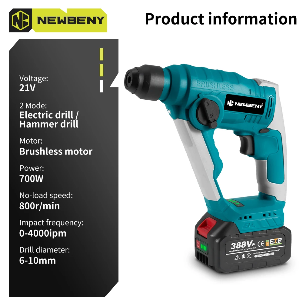 NEWBENY 10mm Mini Brushless Electric Hammer Drill 2 Modes Cordless Efficient Impact Drill Power Tools For Makita 18V-21V Battery 2