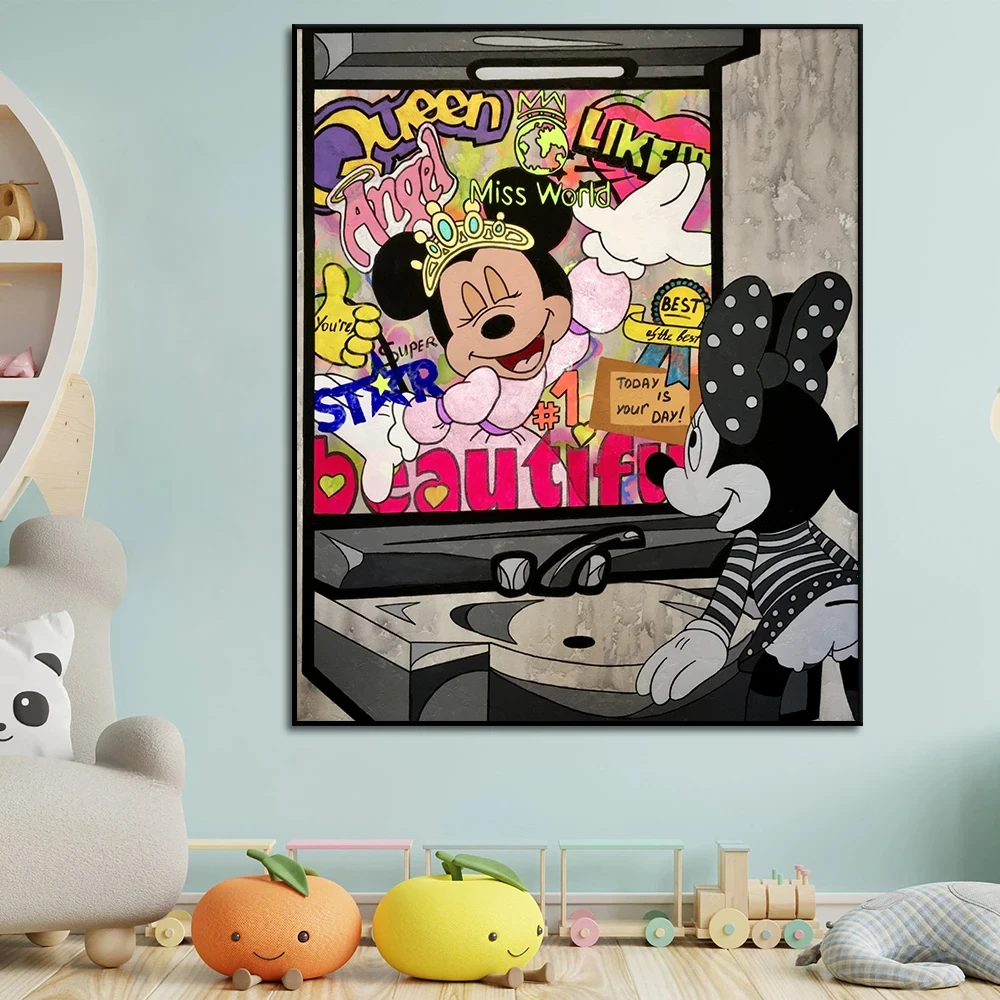 

Disney Colorful Graffiti Black Grey Mickey Minnie Poster Mouse Painting Wall Art Canvas Prints Children Room Home Decorn Cuadros