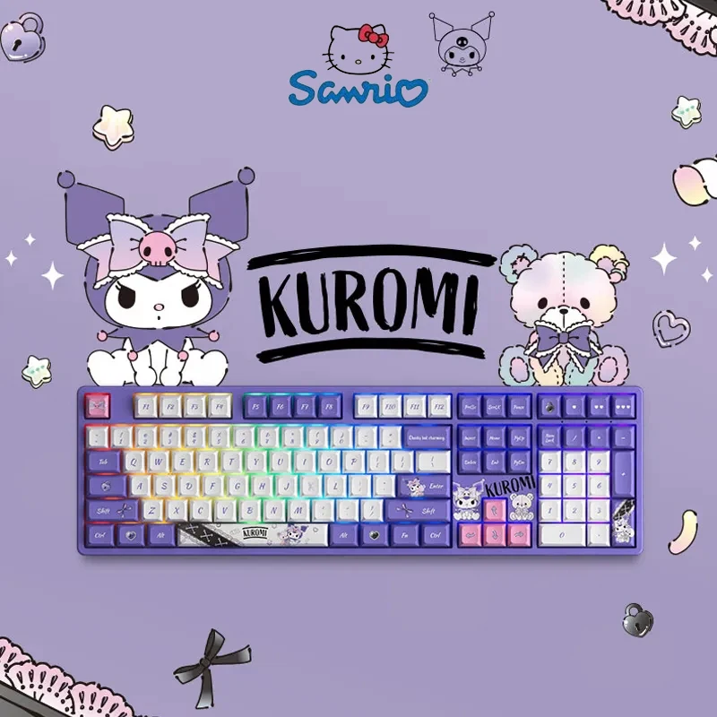 

Новинка Kawaii Sanrio Kuromi Rgb клавиатура портативный ноутбук компьютер 108 клавиш беспроводной Bluetooth Горячая переключаемая механическая клавиатура