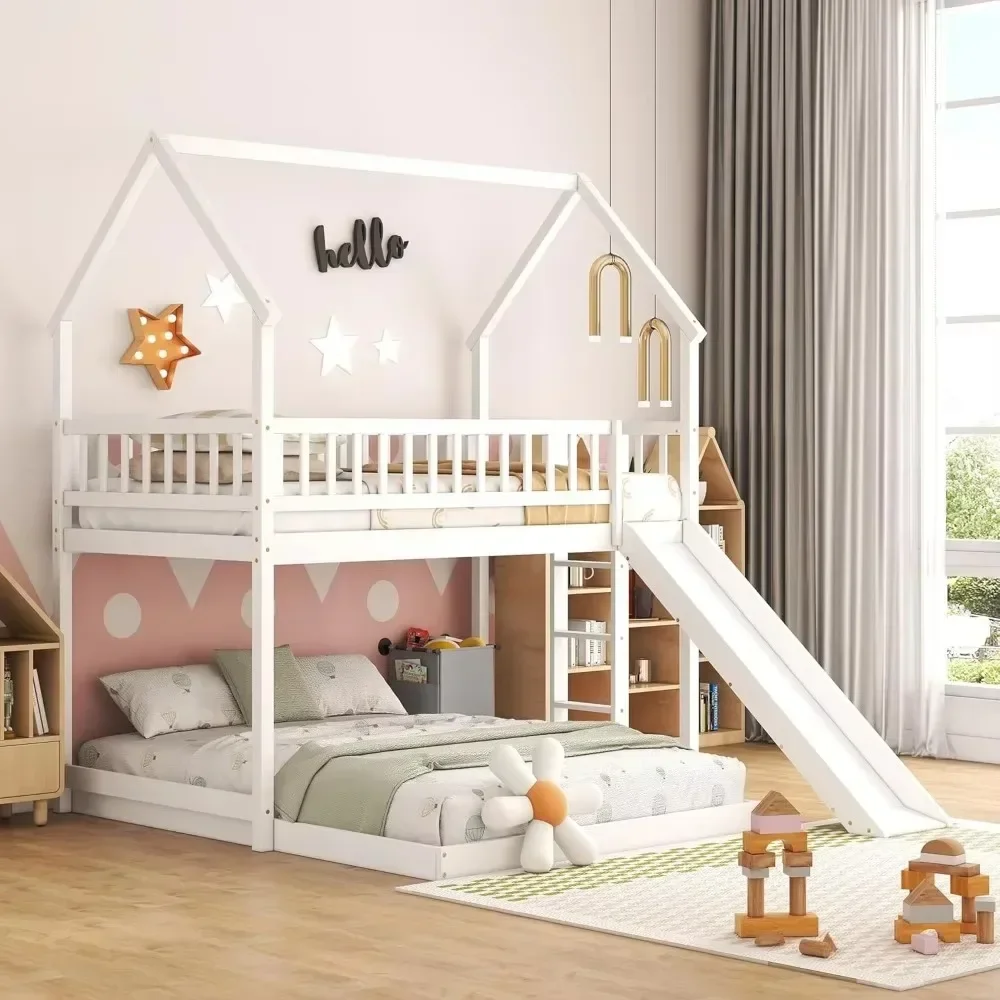 House Bunk Bed with Slide and Ladder and Twin Over Full Wooden Bed Frame with Full-Length Guardrail for Bedroom Boys Girls 2