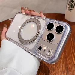 Luxury Magnetic Aluminum Alloy Stand Phone Case with 360° Rotating Folding Bracket Protective Cover - iPhone 15 (Transparent)
