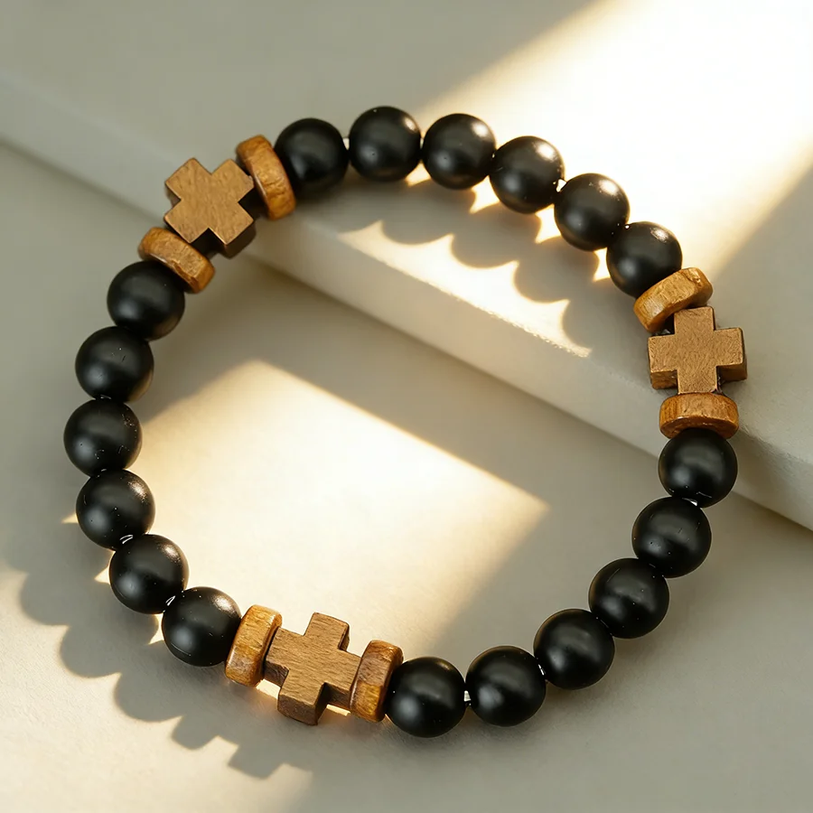 Noter Neues Kreuz-Armband für Männer, natürliches Holz, Meditation, Heilung, Gebet, Charm-Armband, 3 Farboptionen, lässiges Handgelenk-Accessoire