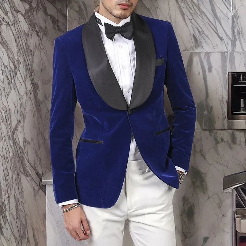 Royal Blue Velvet Wedding suits for Groom Party Casual Slim Fit Men Suits 2 Pieces Male Fashion White Pants Smoking Blazer