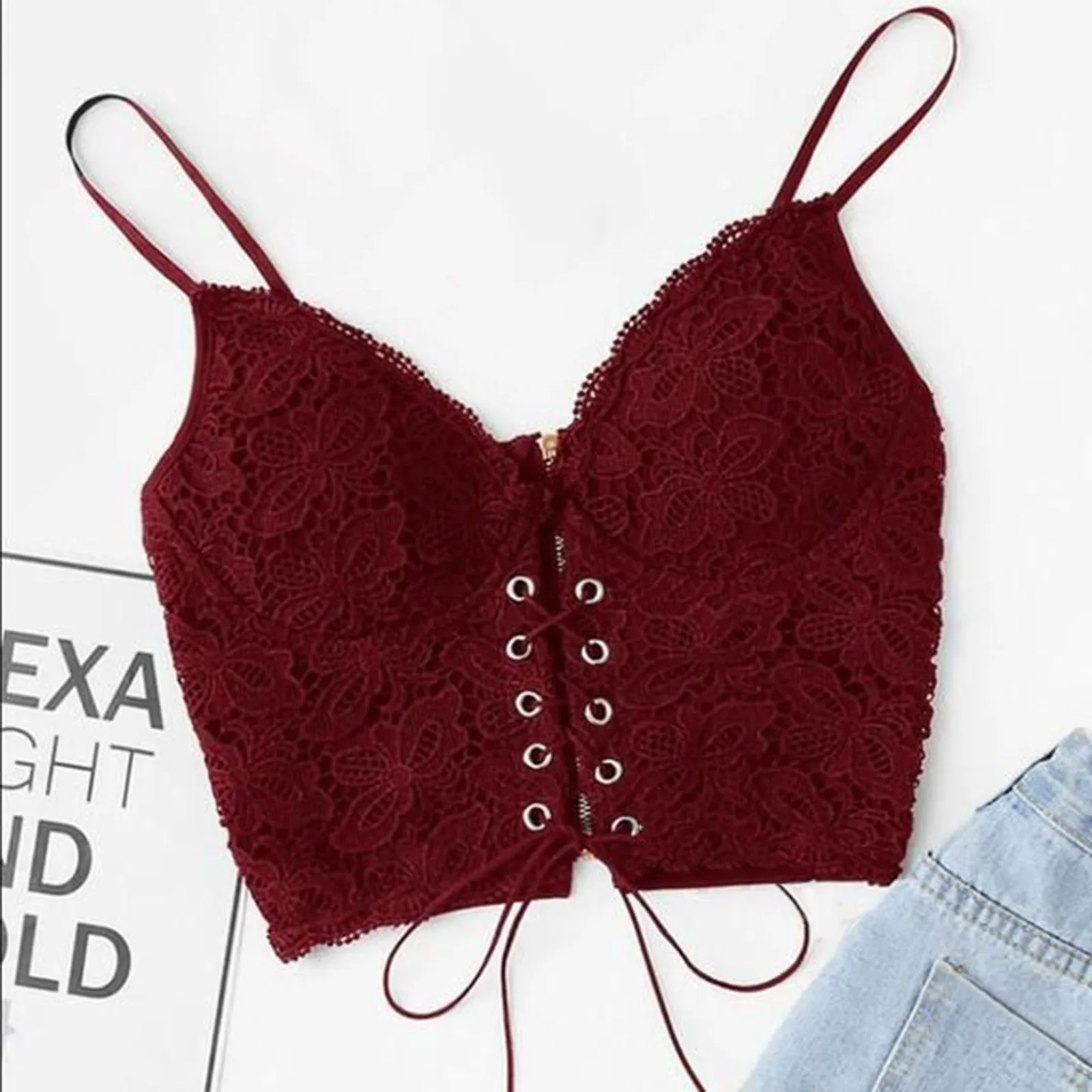 Lace Underwear Female New Trendy Lace Sexy Front Eyelet Drawstring Camisole Elastic Loose Sleeveless Strap Big Bust Lingerie