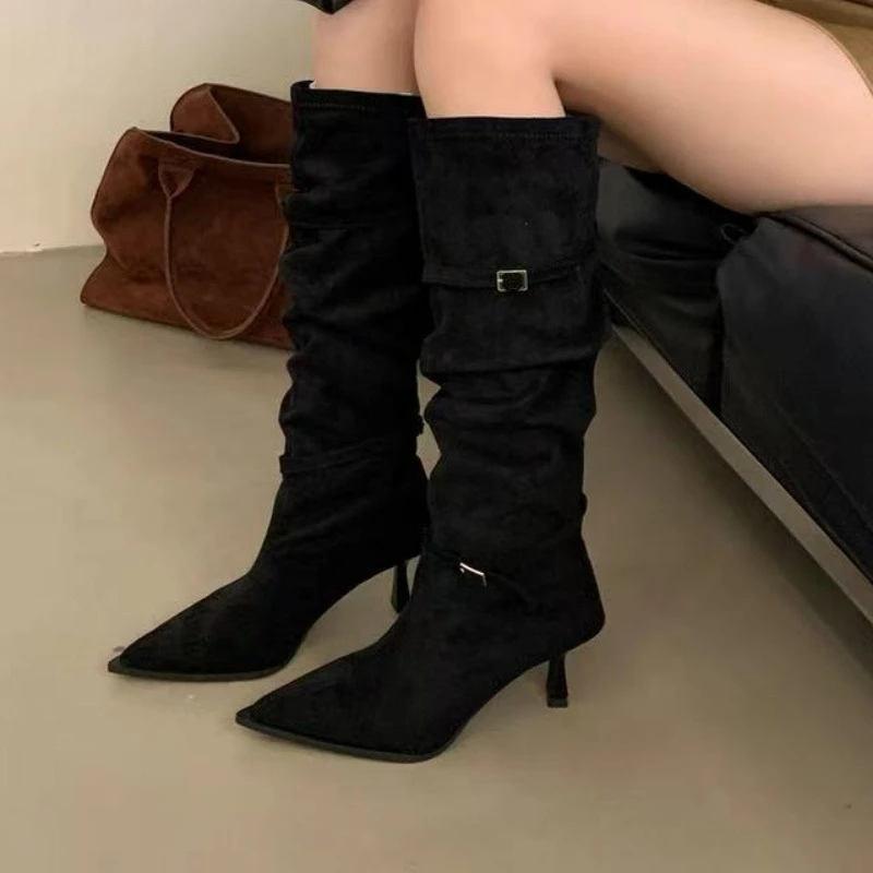 New women's fashion boots for autumn and winter2025 casual style pointed toe stylish high heels suede texture elegant long boots - 2