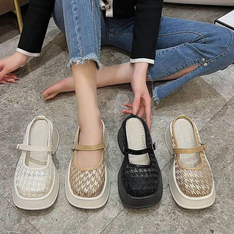 Women's Baotou Half Slippers with A Straight Stripe  Summer New Lace Breathable Fisherman's Shoes Leisure Thick Sole Sandals