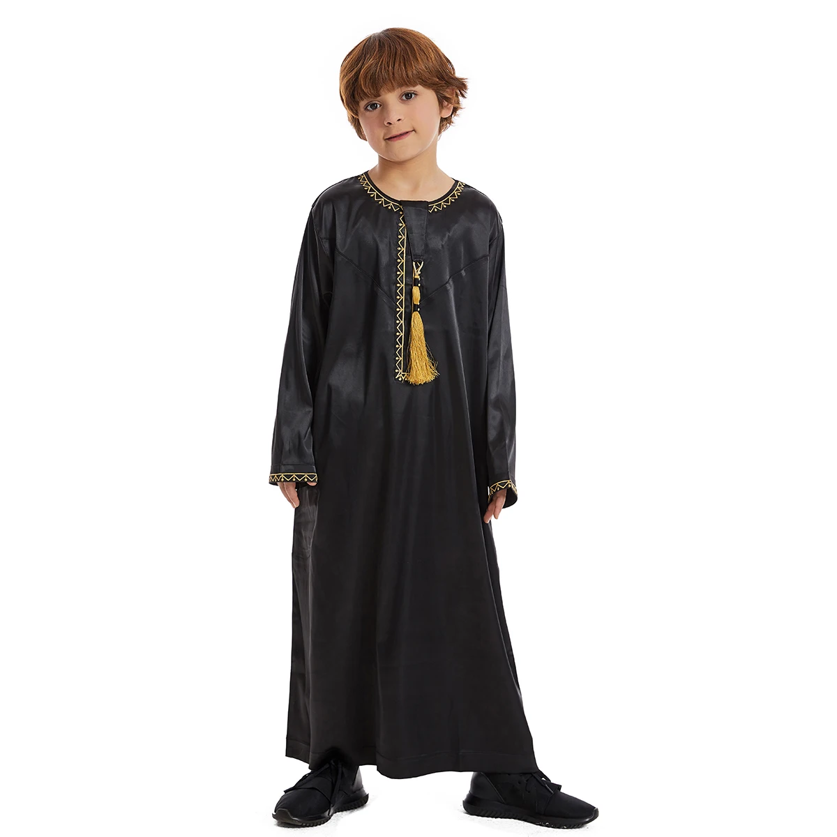 Teenage Muslim Boys Robe Round Collar Embroidered Long Sleeves Dress Gown Saudi Arabia Abaya Kaftan Jubba Thobe Islamic Clothing