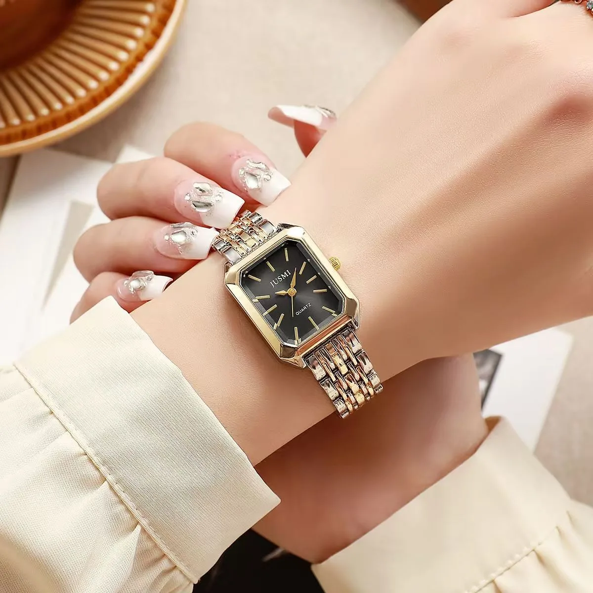 2pcs/set Fashion Rectangle Women Watches set Steel Strap Ladies Quartz Wrist Watch Reloj Mujer Folding Girls Clock Gift