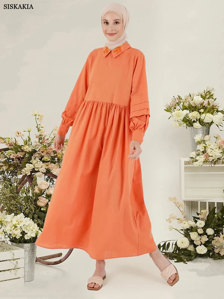 

Siskakia Turkish Abaya Basic Solid Embroidery Lapel Collar Lantern Sleeve Elegant Casual Muslim Woman Long Dress