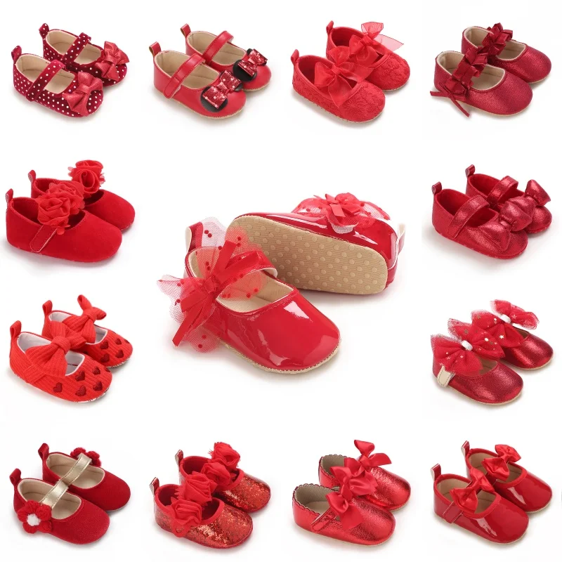 Red Girl Bow Decoration Princess Flat Shoes With Anti Slip Fabric Sole Walking Newborn Baby Crib Dress Shoes 0-18M