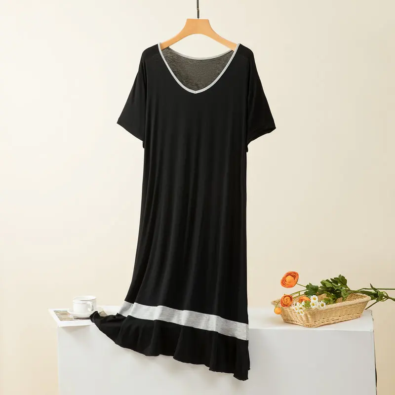 Loose Big Size Modal Sleepwear Women Dress V Neck Short Sleeve Ladies Nightie Patchwork Color Oversize Nightgowns