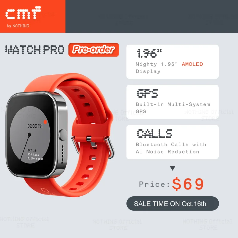  Global Version CMF by Nothing Watch Pro 1.96" AMOLED Bluetooth 5.3 BT Calls with AI Noise Reduction GPS Smartwatch CMF watch Pro 