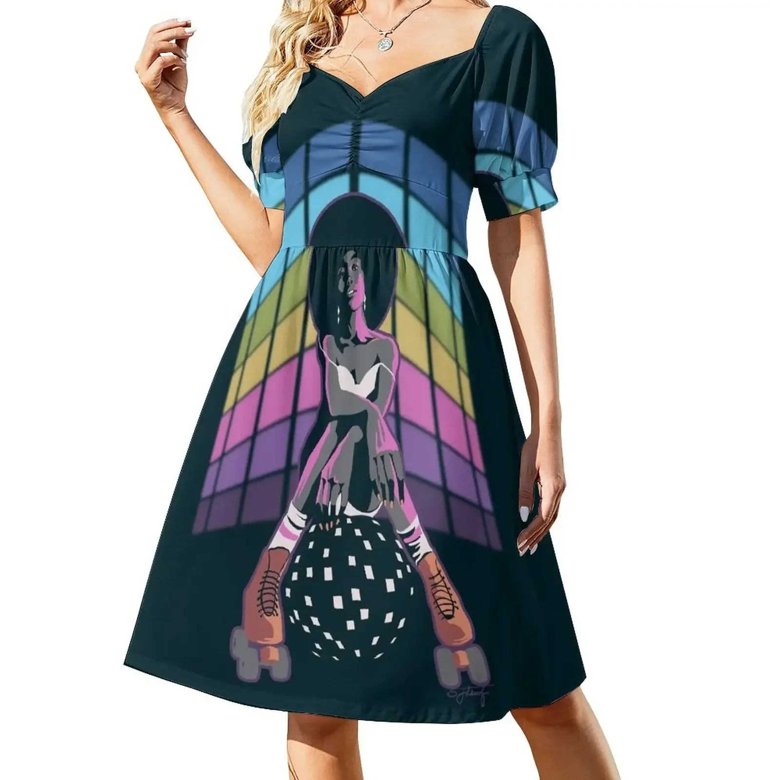 thumbnail image 1 of Retro Disco Roller Short-Sleeved Dress dresses with long sleeves dresses for women prom clothes, 1 of 7