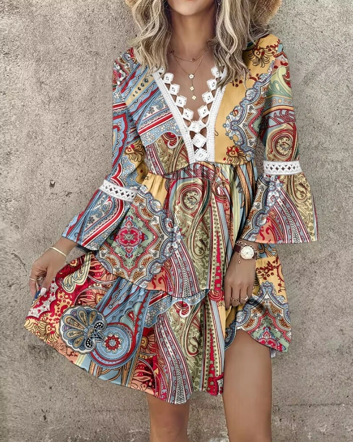 

Женское Элегантное летнее платье для отпуска с этническим принтом, ажурное вязаное кружево, v-образный вырез, длинный рукав, повседневное многослойное мини-платье с оборками